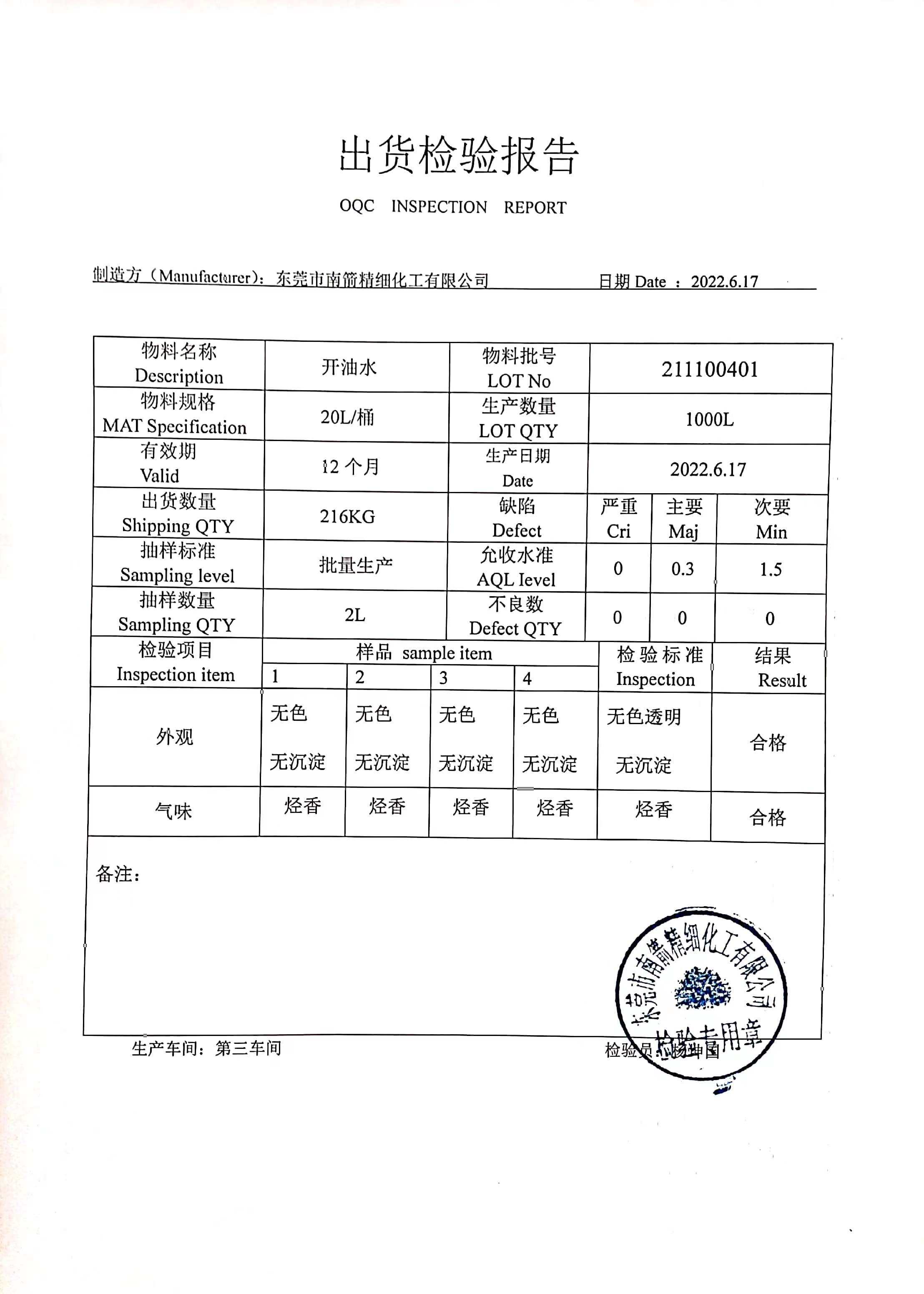 783稀釋劑質(zhì)量檢測報告